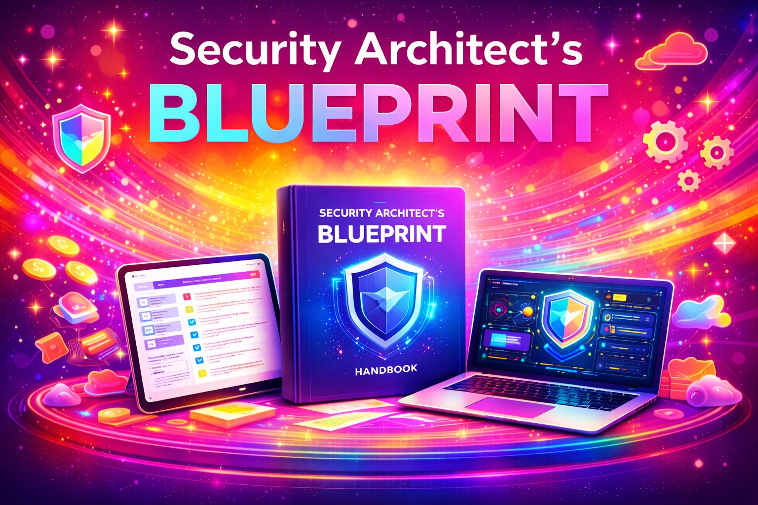 A digital illustration shows a handbook titled "Security Architect’s Blueprint" alongside a tablet and laptop displaying cybersecurity interfaces, with colorful, futuristic graphics in the background.