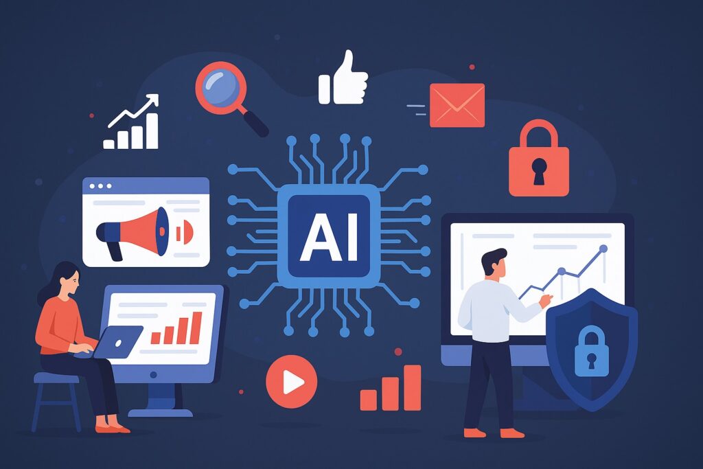 Illustration of people working with computers, graphs, and security icons around a central AI symbol, highlighting concepts like AI in digital marketing and AI in cybersecurity for data analysis.