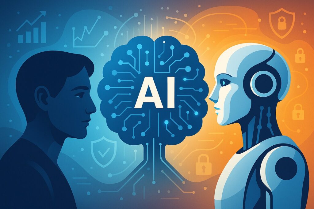 An illustration of a human facing a robot with "AI" in the center, symbolizing interaction between humans and artificial intelligence in fields like AI in digital marketing and cybersecurity.