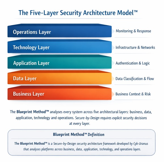 A diagram of the Five-Layer Security Architecture Model, based on an enterprise security architecture framework, showing Operations, Technology, Application, Data, and Business layers with their respective security focuses.