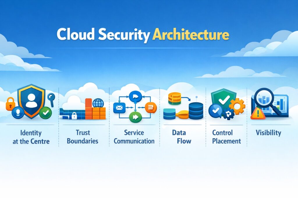 Infographic illustrating six pillars of cloud security architecture—including AWS security architecture—covering Identity, Trust Boundaries, Service Communication, Data Flow, Control Placement, and Visibility with related icons.