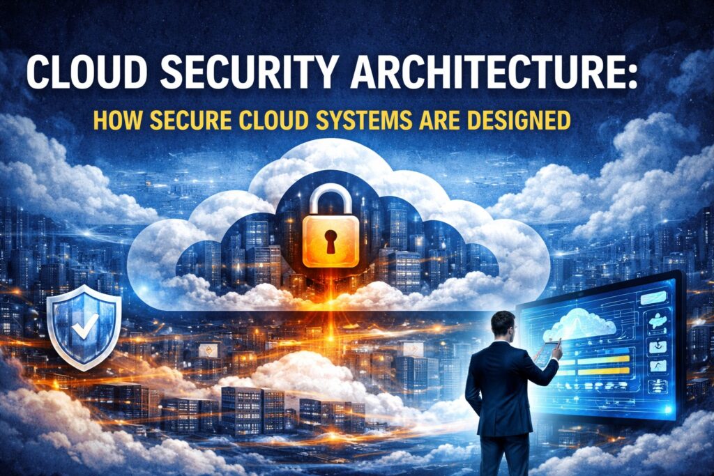 A person interacts with a digital display showing a secure cloud icon and cityscape; text reads "Cloud Security Architecture: How AWS security architecture shapes secure cloud systems.