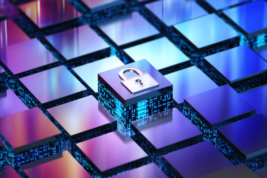 A 3D grid of reflective squares showcases a central block with a padlock symbol, epitomizing data security through cyber resilience tools. The display bursts with vivid colors in a blue and purple gradient, underscoring the strength and adaptability essential for today's digital landscape.