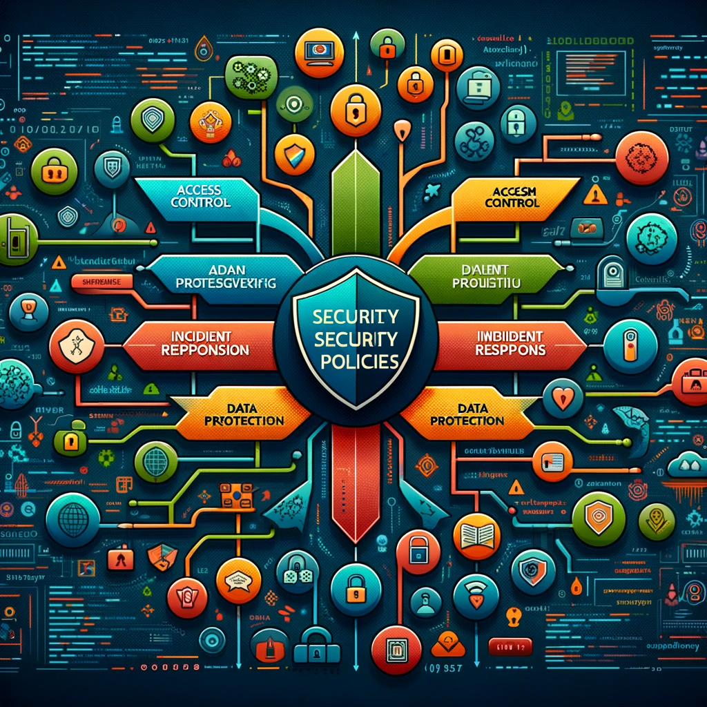 A colorful central diagram branching out to different policy types like access control, incident response, and data protection