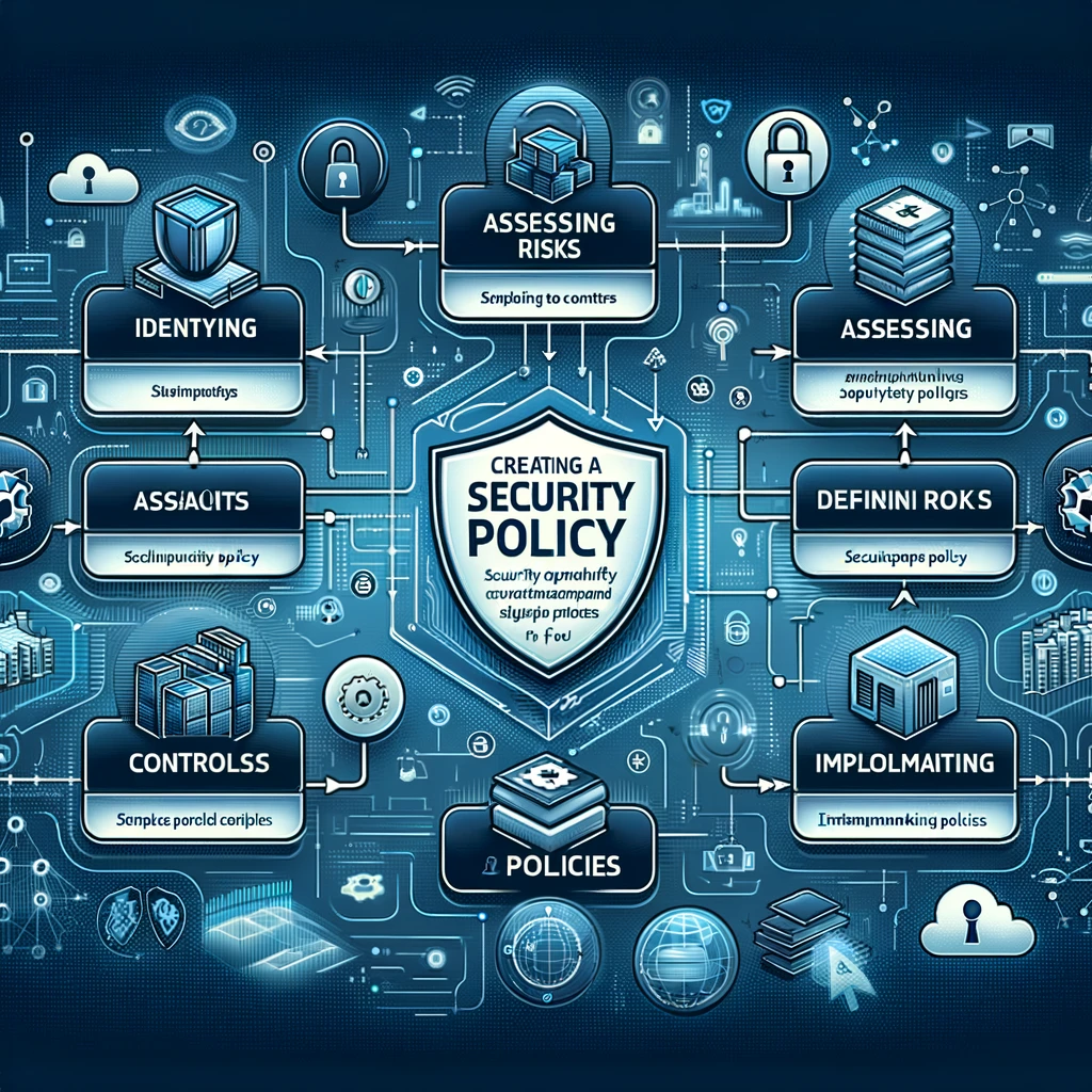 A flowchart with steps for policy creation including identifying assets, assessing risks, defining controls, and monitoring policies. The design is modern and digital, with cybersecurity-themed background elements like locks, shields, and digital networks