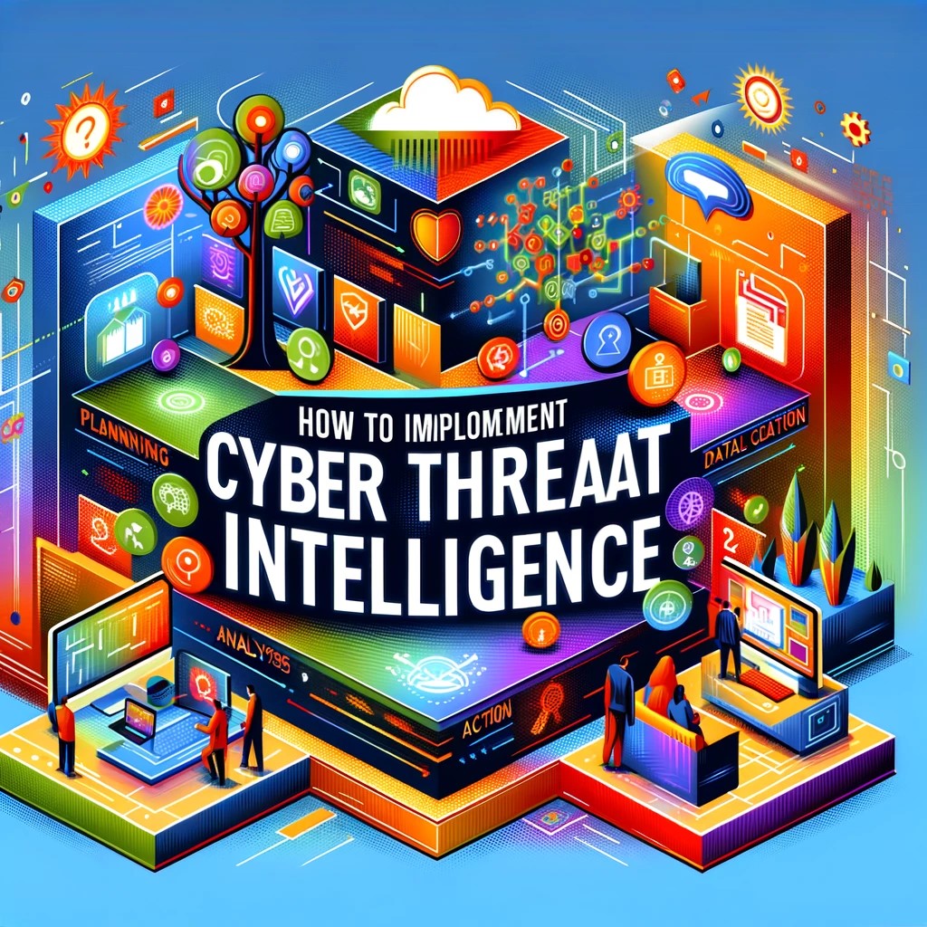 Colorful digital scene that represents the various steps involved in implementing cyber threat intelligence