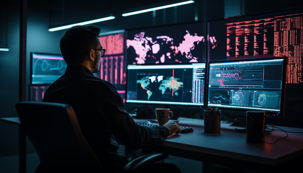 A man in front of 2 monitors monitoring the dark web.