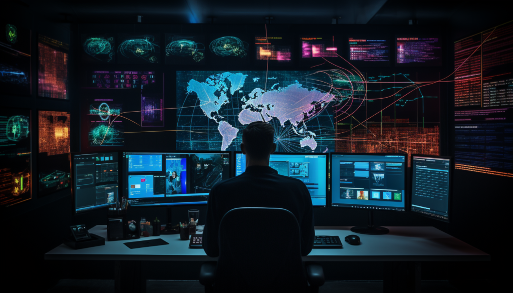 A man in front of several monitors