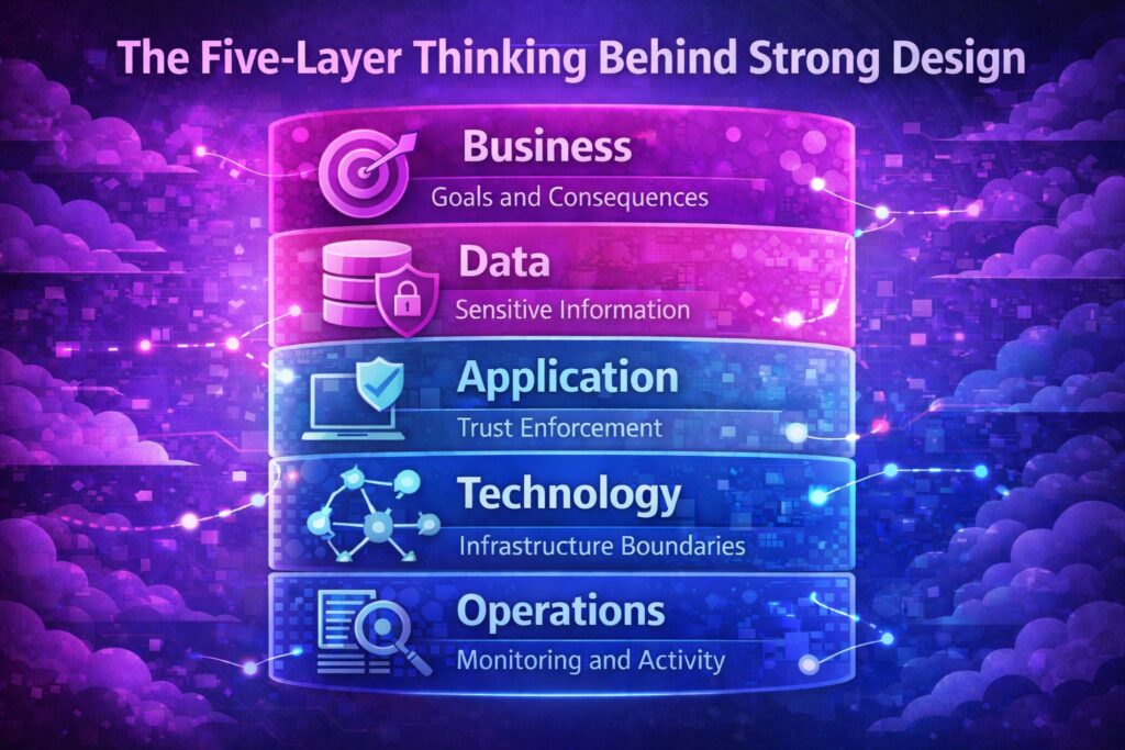 Infographic titled "The Five-Layer Thinking Behind Strong Design" shows Business, Data, Application, Technology, and Operations layers with brief descriptions on a digital background, highlighting the security architecture design process.