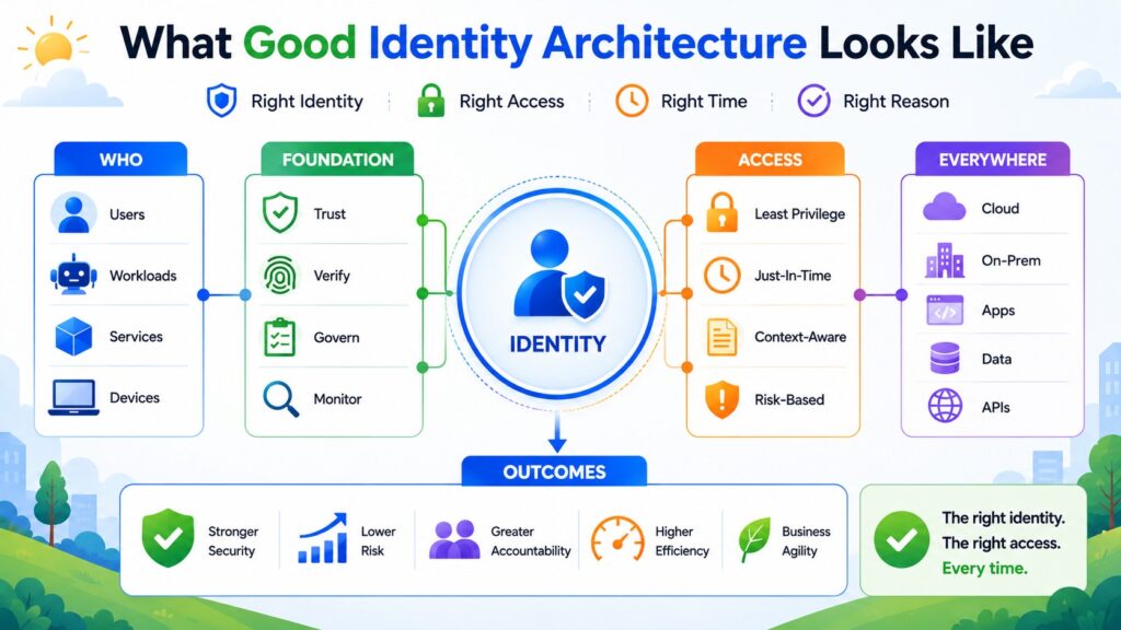 Infographic outlining good identity and access management architecture, showing elements of identity, foundation, access, and coverage across cloud, on-prem, apps, data, and APIs to deliver security and efficiency outcomes.