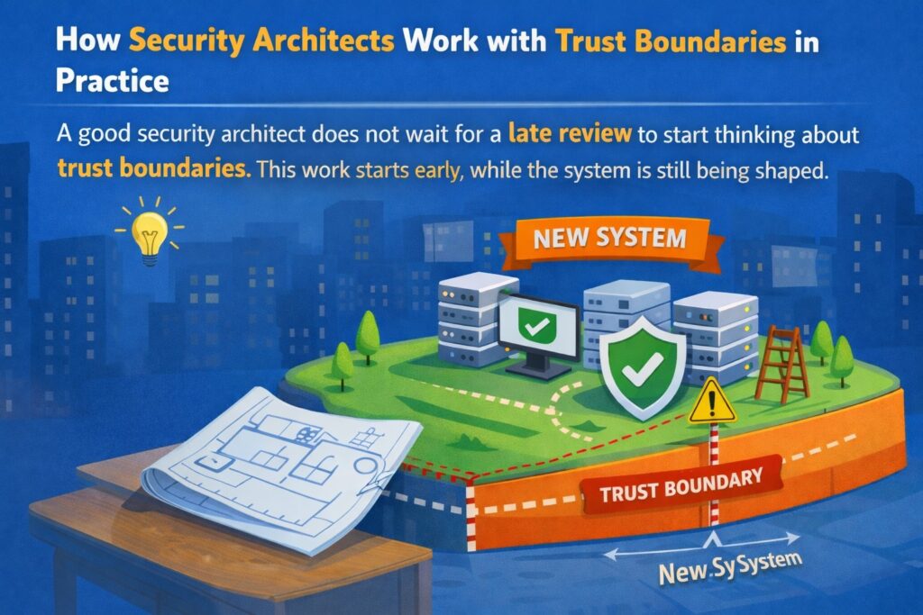 Diagram showing a security architect's plans, a new system with buildings, trust boundaries, and checkmarks, illustrating early API security architecture planning before a system is fully developed.