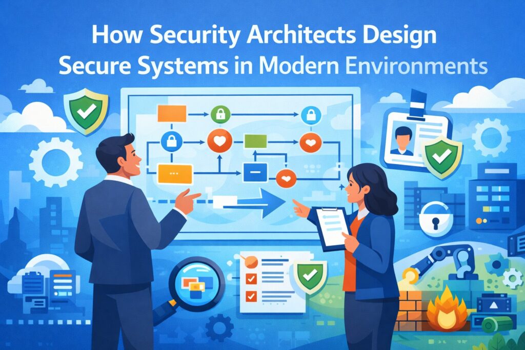 Two professionals discuss a flowchart with security icons in a modern office, illustrating how Security Architects Design Secure Systems and key cybersecurity elements.
