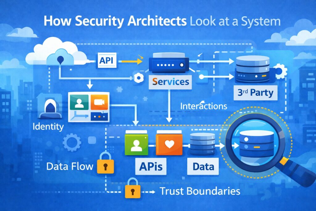 Diagram showing how security architects work: identity, APIs, services, 3rd party, data flow, interactions, data, and trust boundaries are illustrated to highlight the security architecture design process with icons and arrows.