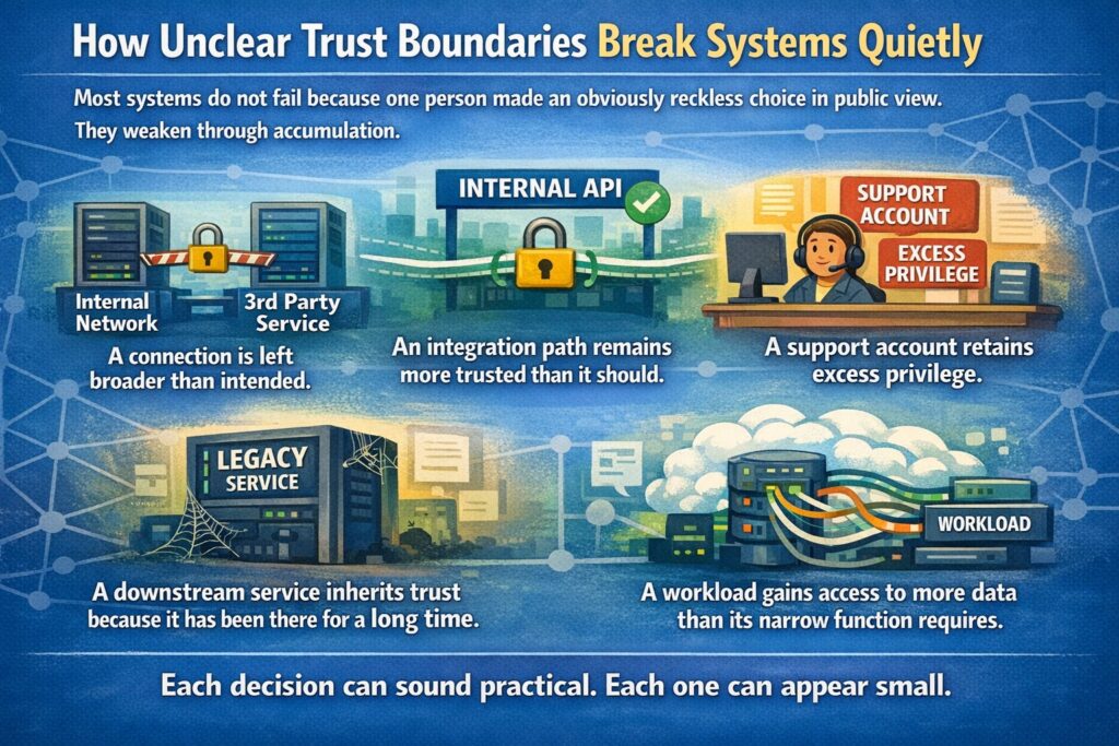 Illustration showing how unclear security architecture trust boundaries—internal APIs, legacy services, and workloads—can quietly weaken security or access controls over time.