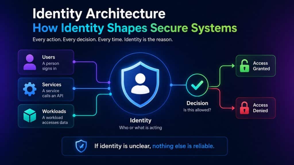 Infographic illustrating IAM architecture design, showing users, services, and workloads leading to an identity-based decision for access, with the note: "If identity is unclear, nothing else is reliable.