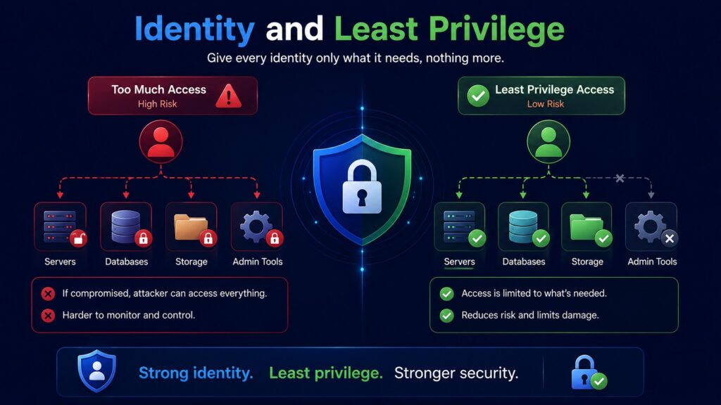 Infographic contrasts too much access versus least privilege, highlighting risks of excessive permissions and benefits of zero trust identity for stronger cloud identity security.