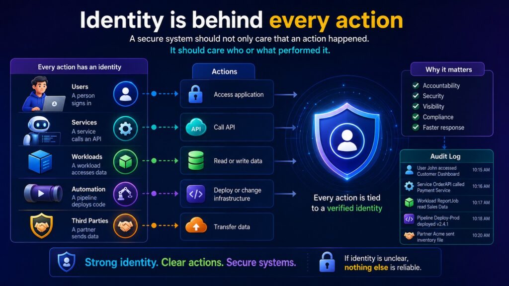 Infographic explaining how identity verification is linked to actions in secure systems, outlining zero trust identity principles, listing identity types, action examples, and reasons for its importance.