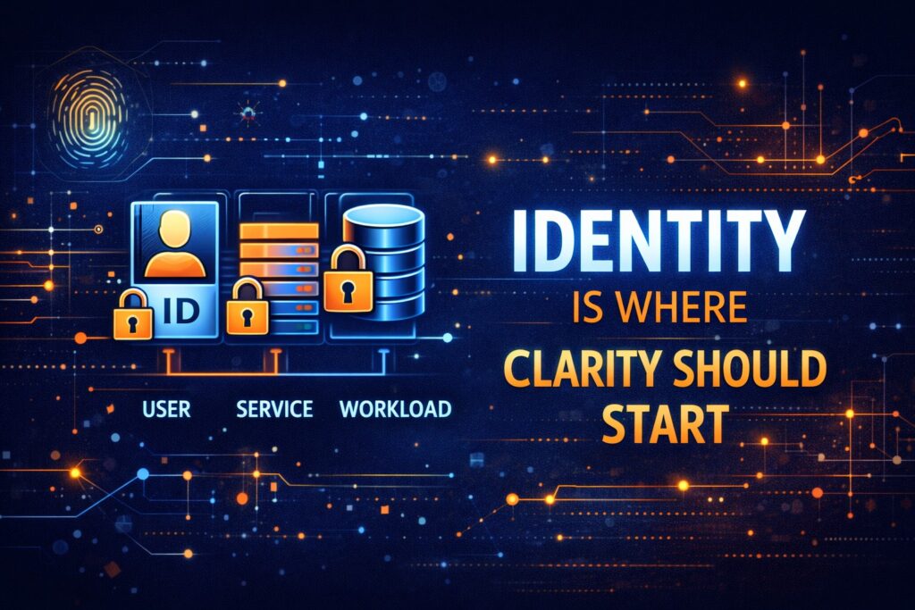 Digital illustration showing icons for user ID, server, and database with padlocks, highlighting secure by design cybersecurity with the text “Identity is where clarity should start” on a circuit-themed background.
