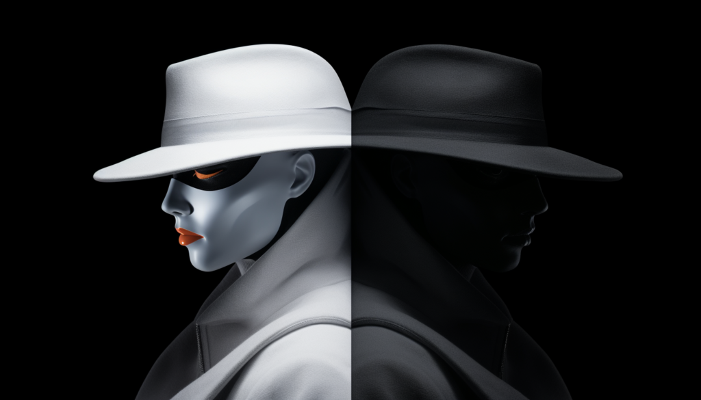 A split image showing a white hat and a black hat, symbolizing ethical and malicious hackers
