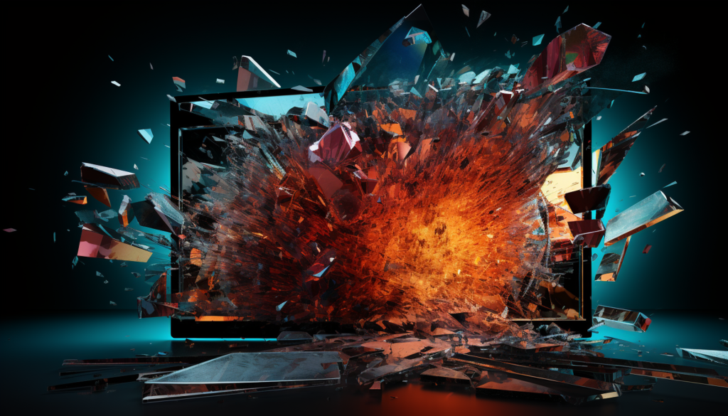 A computer screen displaying with a cracking or shattering effect.