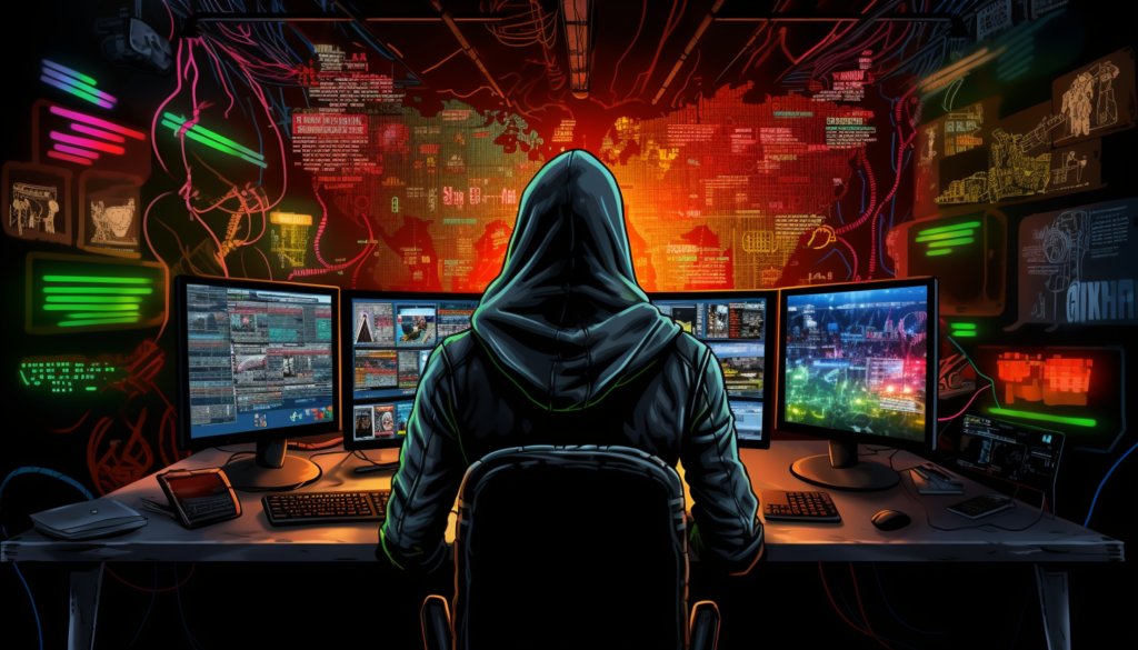 A person in a dark hoodie sitting in front of 4 monitors in a computer room.