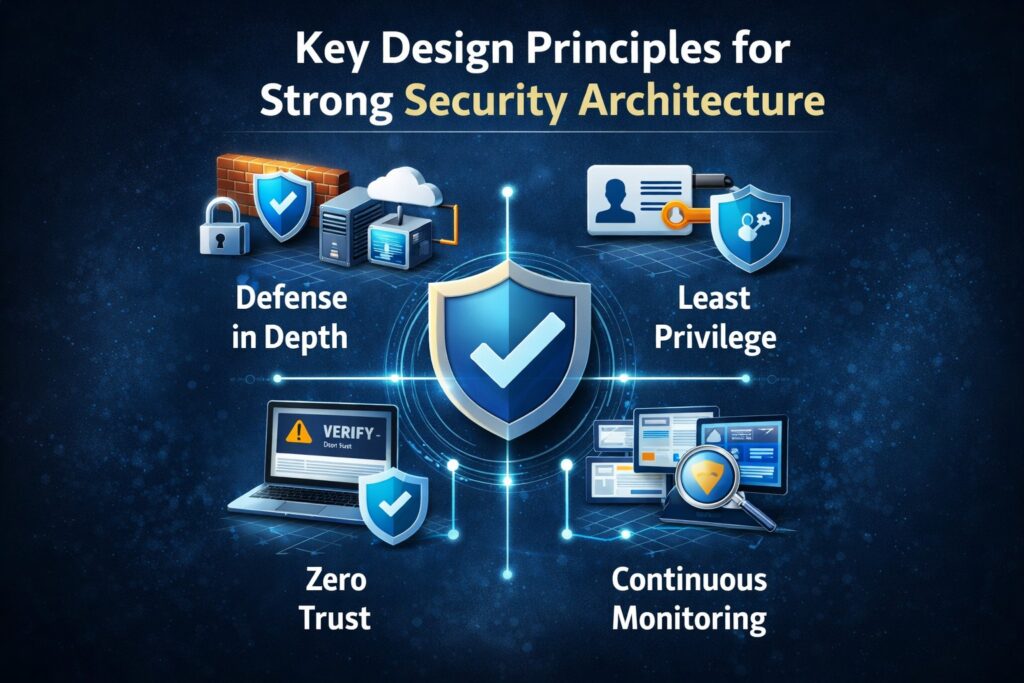 Infographic illustrating four key principles of cybersecurity architecture: Defense in Depth, Least Privilege, Zero Trust, and Continuous Monitoring, with related icons surrounding a shield—security architecture explained at a glance.