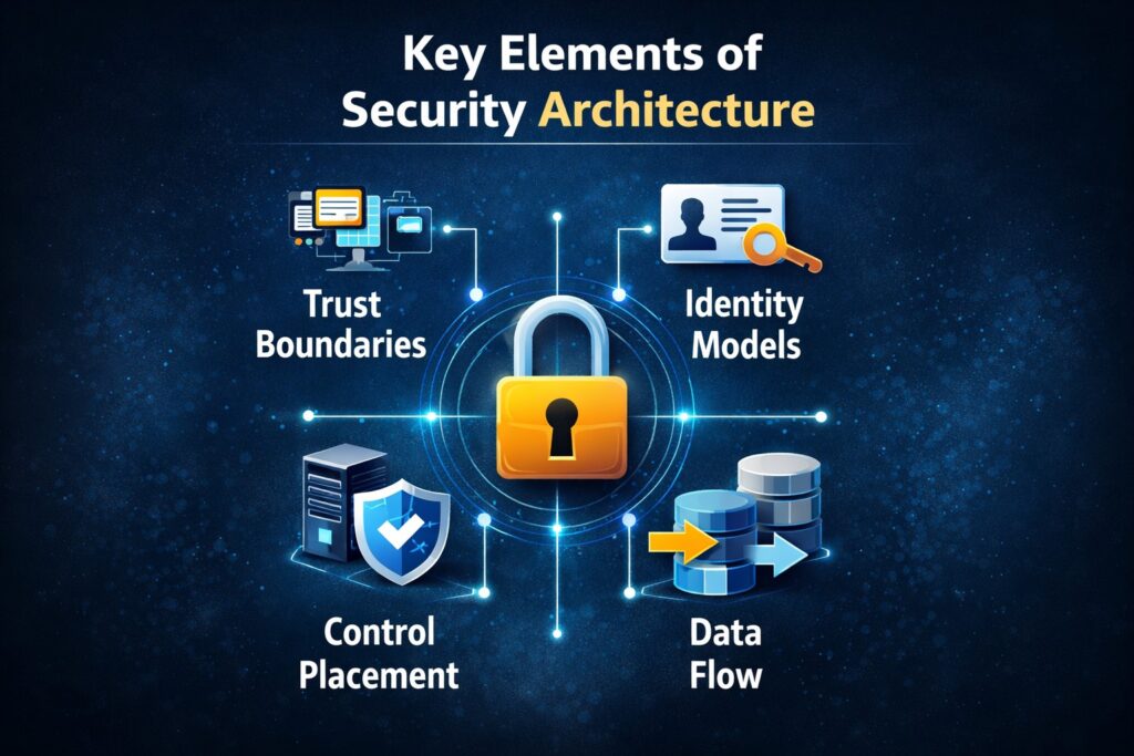 Diagram illustrating key elements of security architecture explained: trust boundaries, identity models, control placement, and data flow, centered around a padlock icon.
