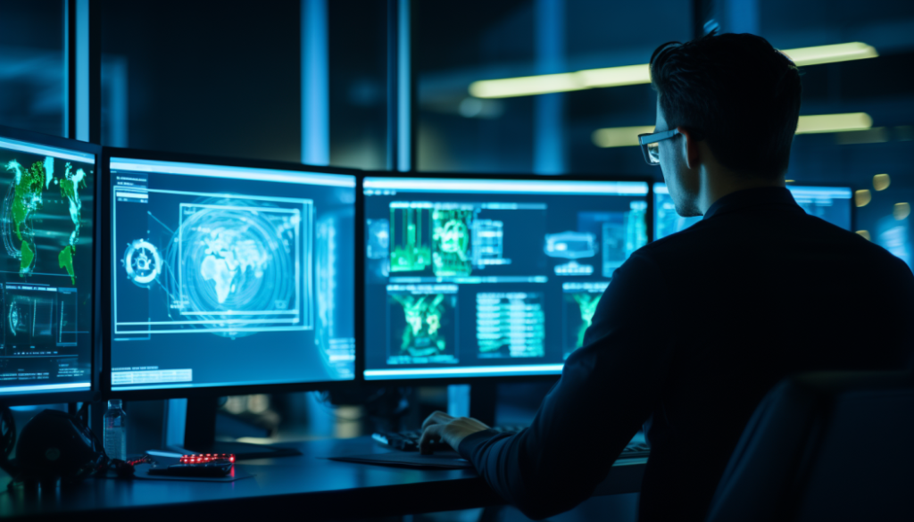 A man is sitting at a desk with several monitors.