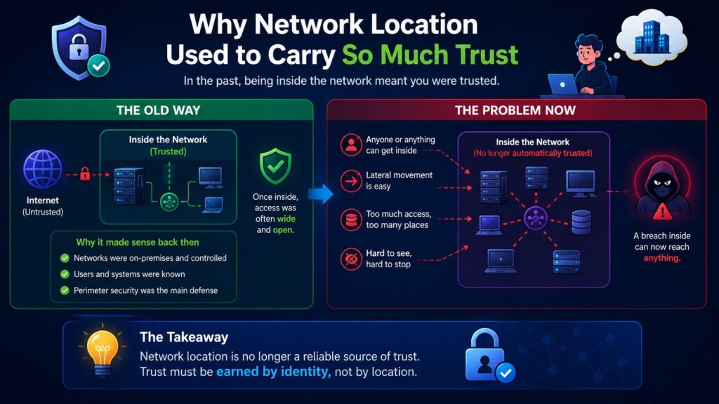 An infographic compares traditional network security with modern identity and access management architecture, highlighting that location is no longer a reliable source of trust for network access.
