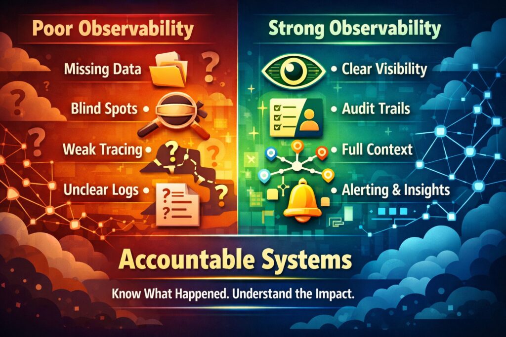 A split image comparing poor observability—missing data, blind spots, weak tracing, unclear logs—with strong observability as seen in robust cybersecurity architecture: clear visibility, full context, audit trails, and alerting.