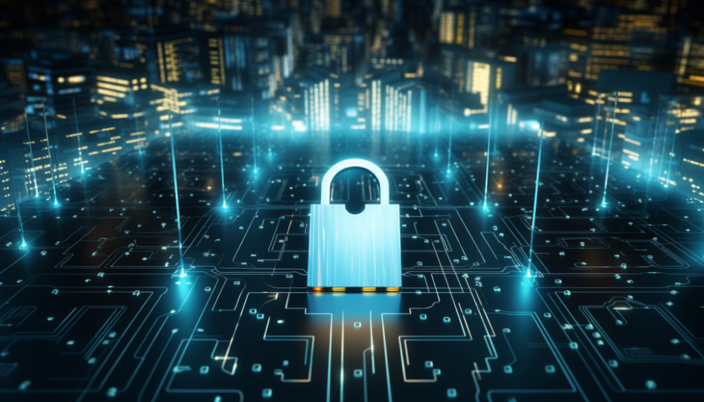 A padlock on a circuit board with a city in the background. Cyber Security Strategy