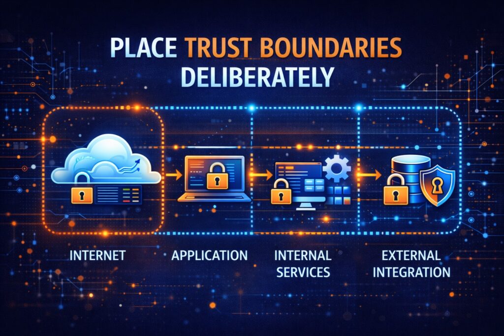 Diagram illustrating four security zones—Internet, Application, Internal Services, and External Integration—each separated by trust boundaries, reflecting secure by design principles with icons for data protection and secure access.