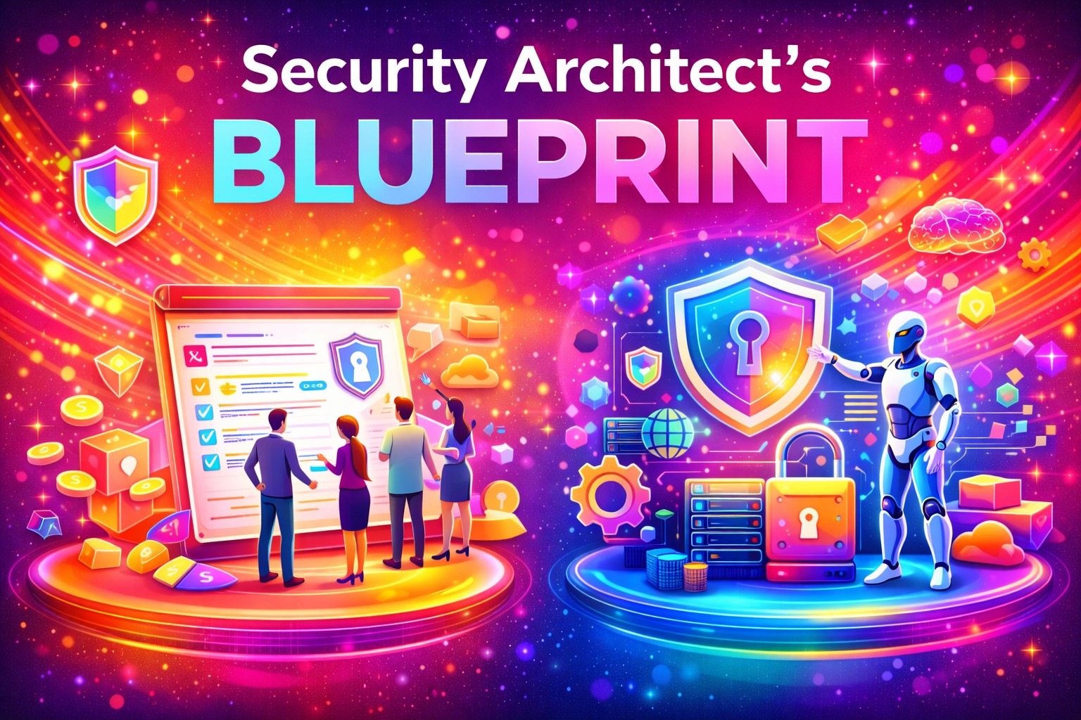 Colorful illustration showing people reviewing a security checklist and a robot guarding servers, with the text “Security Architect’s Blueprint” above.