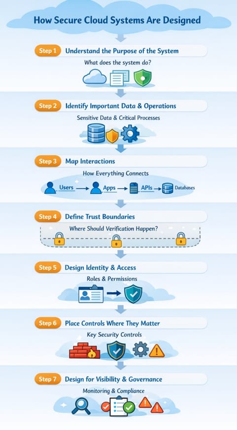 An infographic outlines seven steps to design secure cloud systems, including defining systems, identifying data, mapping interactions, and implementing access controls—all essential for robust cloud security architecture.