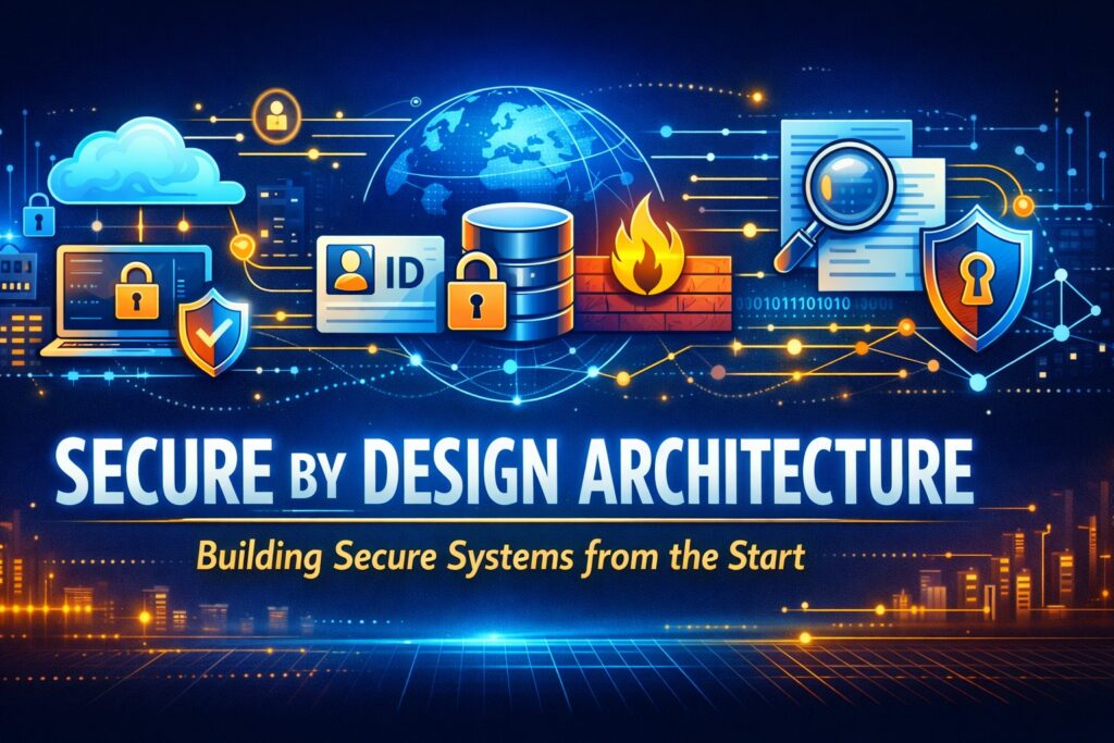 Illustration depicting cybersecurity icons like a shield, lock, firewall, and cloud, with the text "Secure by Design Architecture: Building Secure Systems from the Start," highlighting cloud security architecture principles.