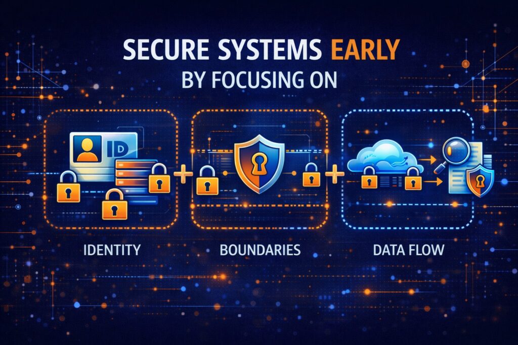Infographic on secure by design cybersecurity—shows securing systems early through identity, boundaries, and data flow, each represented with icons and padlocks to highlight effective security architecture design.