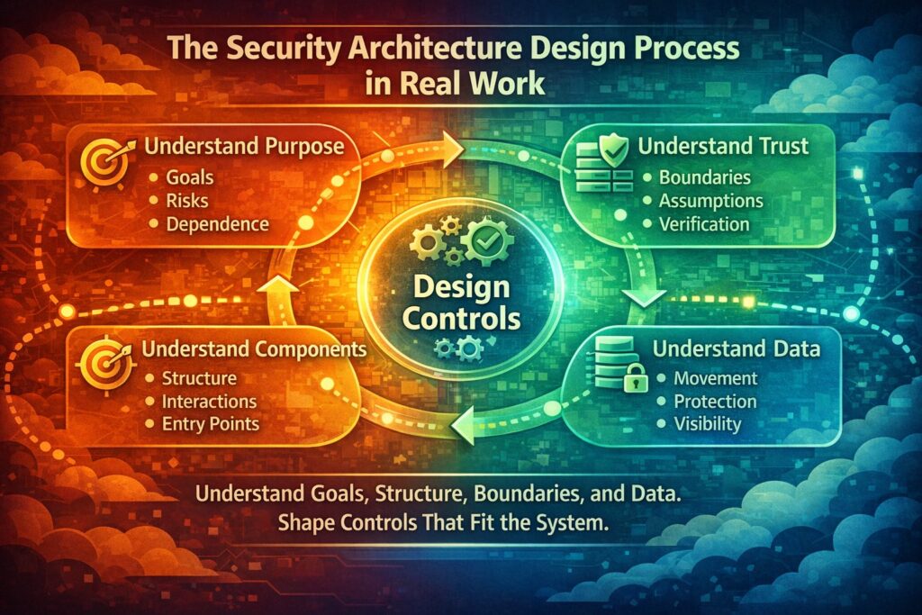 Infographic illustrating how security architects design secure systems, highlighting goals, structure, boundaries, and data controls within the security architecture design process using labeled sections and connecting arrows.