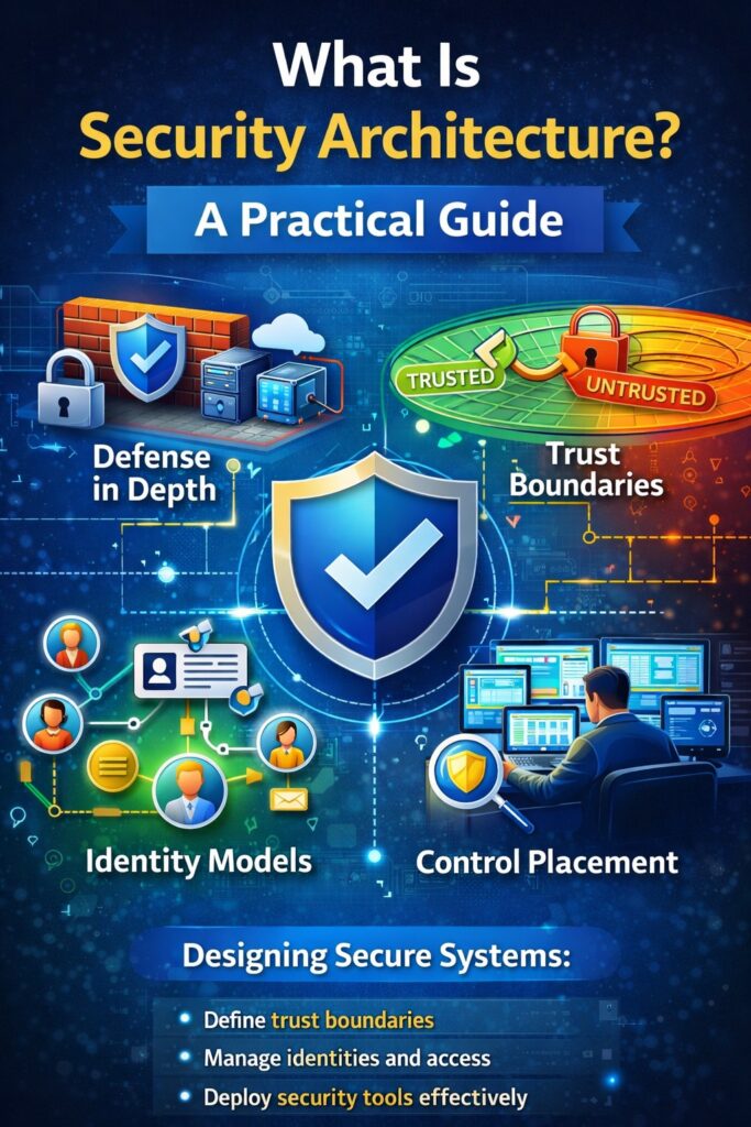 Infographic titled "What Is Security Architecture?" with security architecture explained—showing defense in depth, trust boundaries, identity models, and control placement for designing secure systems.