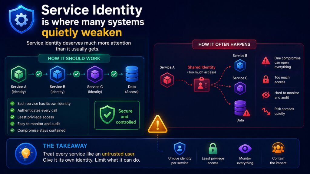 Infographic comparing ideal vs. problematic service identity management, highlighting risks of shared identities and benefits of unique, controlled access for better security with robust cloud identity security practices.