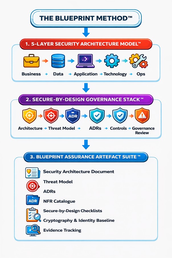 Infographic illustrating The Blueprint Method: a 5-layer enterprise security architecture framework, secure-by-design governance stack, and blueprint assurance artefact suite with key components.