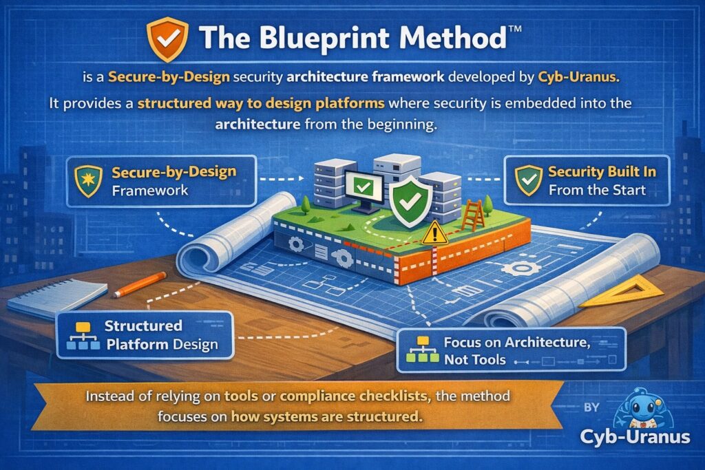 Infographic explaining The Blueprint Method, a security-by-design framework by Cyb-Uranus, emphasizing secure frameworks, built-in security, structured design, and defining trust boundaries within the architectural focus.