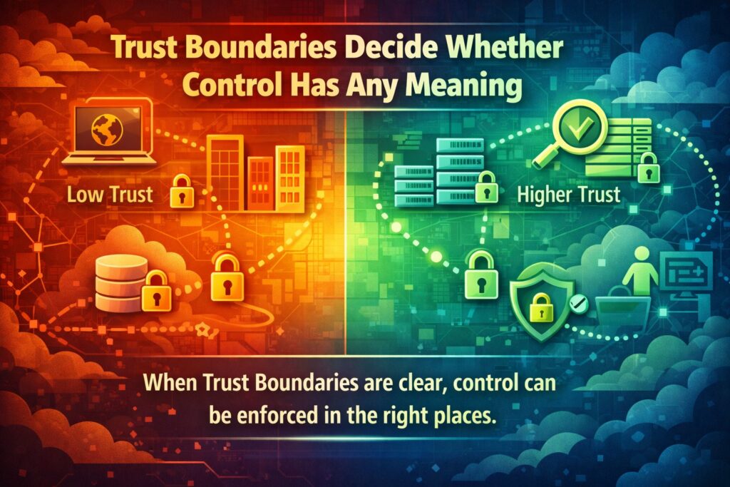 A split graphic contrasts low trust with higher trust environments, highlighting how secure system design and clear trust boundaries enable effective control enforcement.