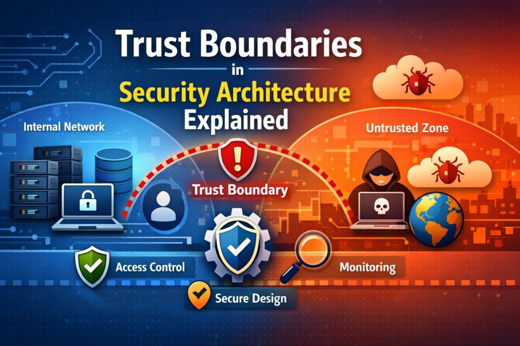Infographic showing trust boundaries in security architecture, featuring zero trust architecture design with access control and secure design on the internal network, and monitoring in the untrusted zone.