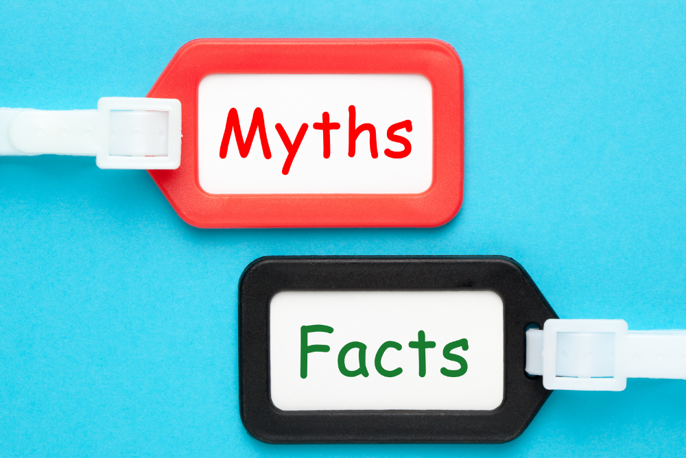 Myths and Facts written on a travel bag tag.