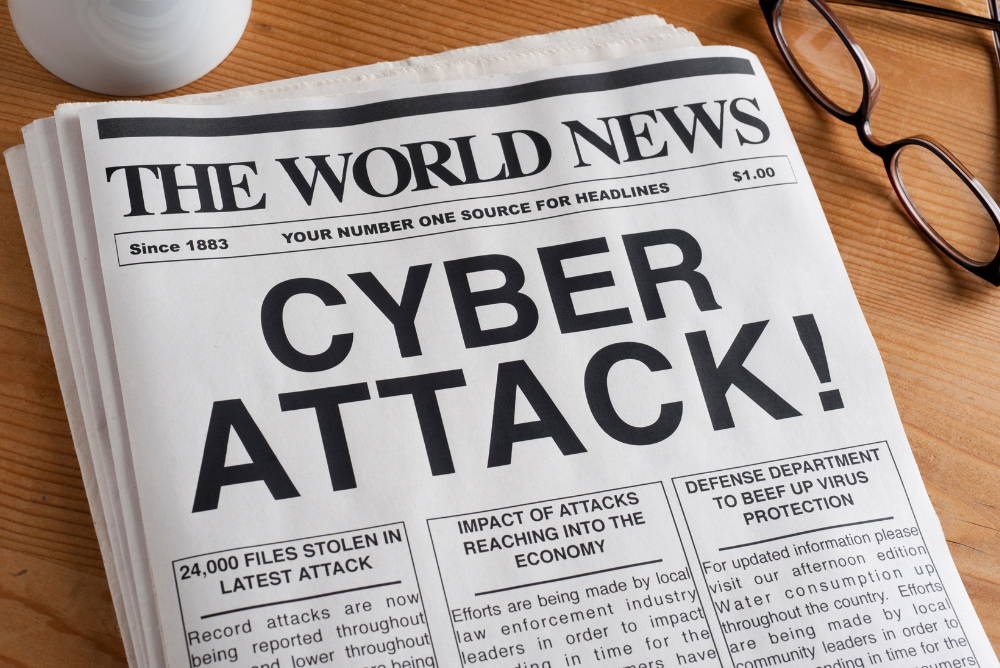 Newspaper with Cyber Attack written on it.