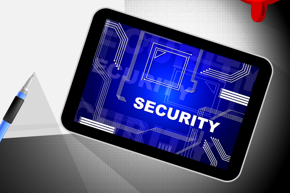 A mobile device with ''security'' written on it.