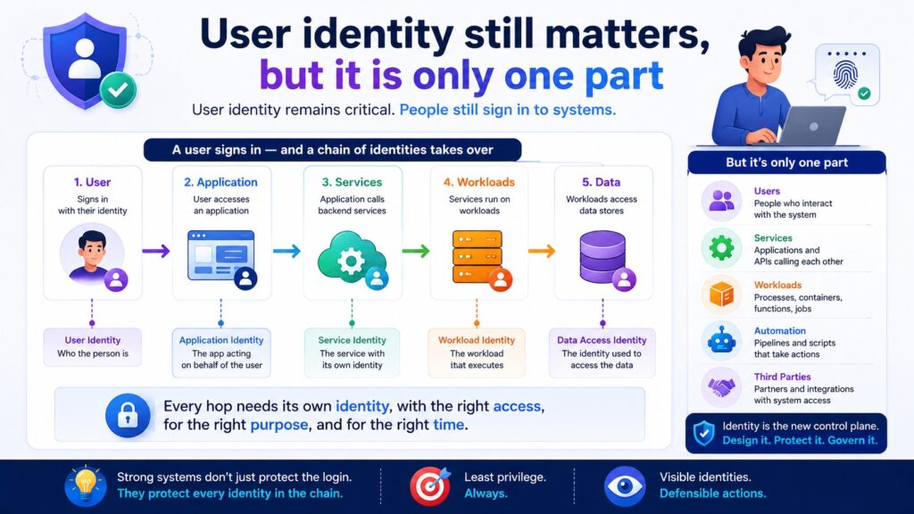 Infographic illustrating steps in user identity and access, featuring icons and security tips that highlight the importance of zero trust identity within modern identity and access management architecture.