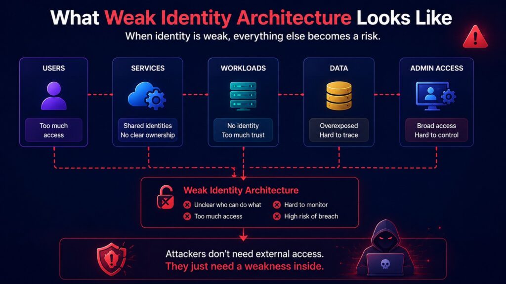 Diagram illustrating weak identity architecture, highlighting risks for users, systems, workloads, data, and admin access—underscoring high breach potential and the need for robust zero trust identity strategies to address internal weaknesses.