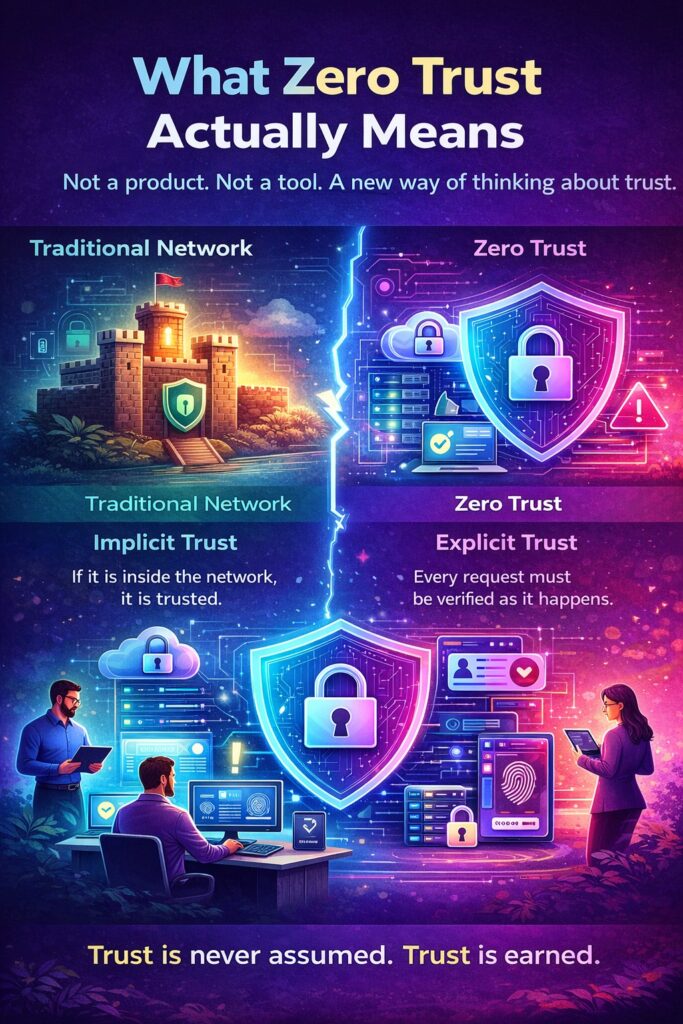 Infographic contrasting traditional networks (with implicit trust) and zero trust security model networks (with explicit trust), emphasizing that in zero trust architecture, trust is never assumed but must be verified continuously.
