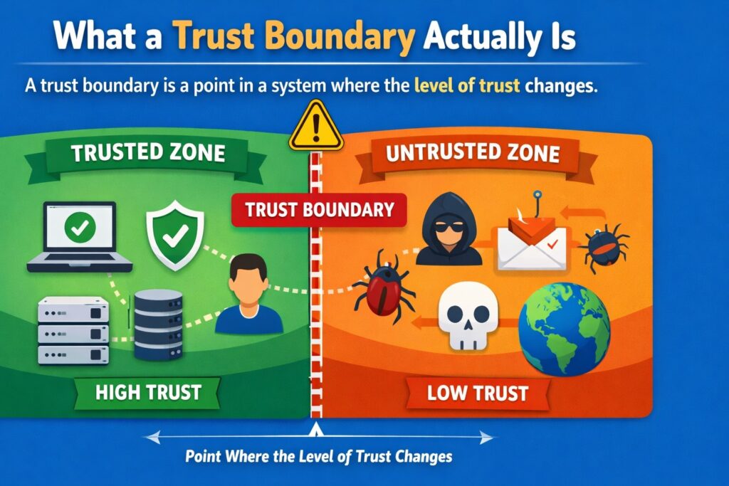 A diagram showing "Trust Boundaries in Security Architecture Explained": a high-trust, secure zone with servers is separated by a trust boundary from a low-trust, untrusted zone filled with threats like hackers, bugs, and phishing emails.